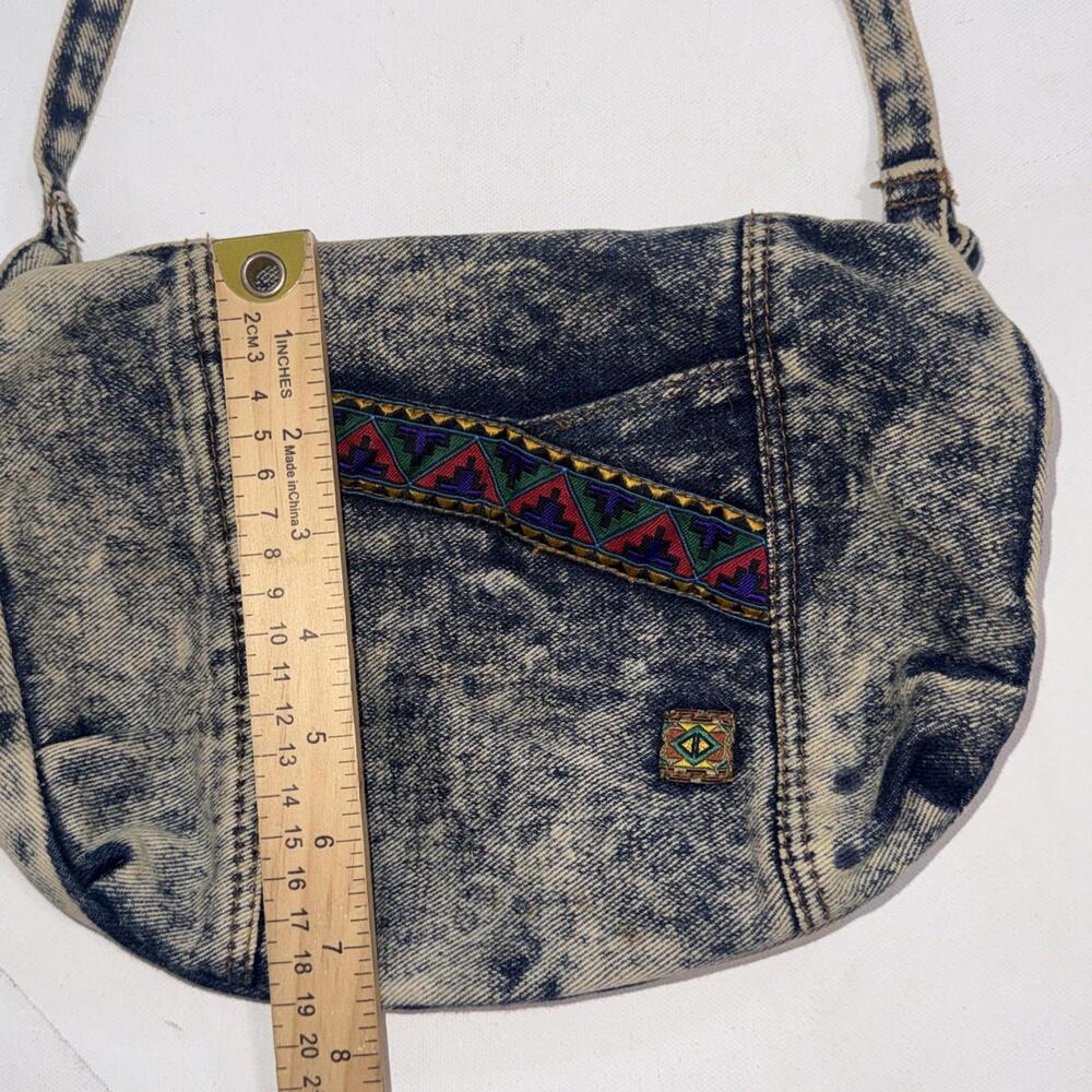 Vintage 80s 90s Denim Jean Aztec Distressed Pockets Crossbody‎ Bag Purse - Picture 7 of 14